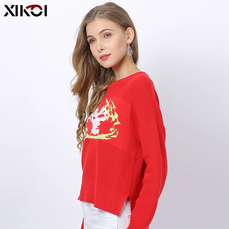 XIKOI/джемпер с принтом рождественского оленя укороченный вязаный женский