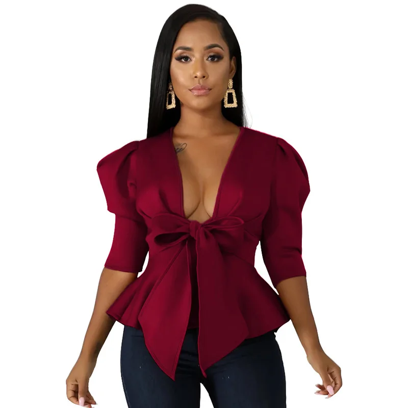 Stigende Half Sleeve Sexy Deep V Neck Bow Blouse Women Summer Casual Solid Color Ruffle Blouse Elegant Bandage Crop Blouse Top - Цвет: Бургундия