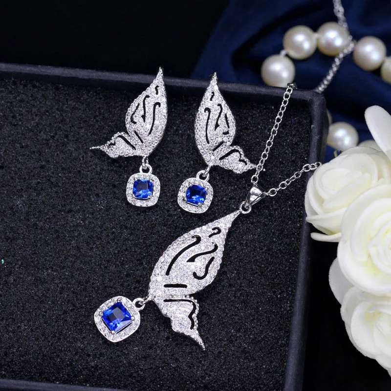 blue CWWZircons желтое золото Цвет Красивая в форме бабочки Кубический Цирконий Серебро 925 Ювелирные наборы для женщин аксессуары T004 - Окраска металла: blue