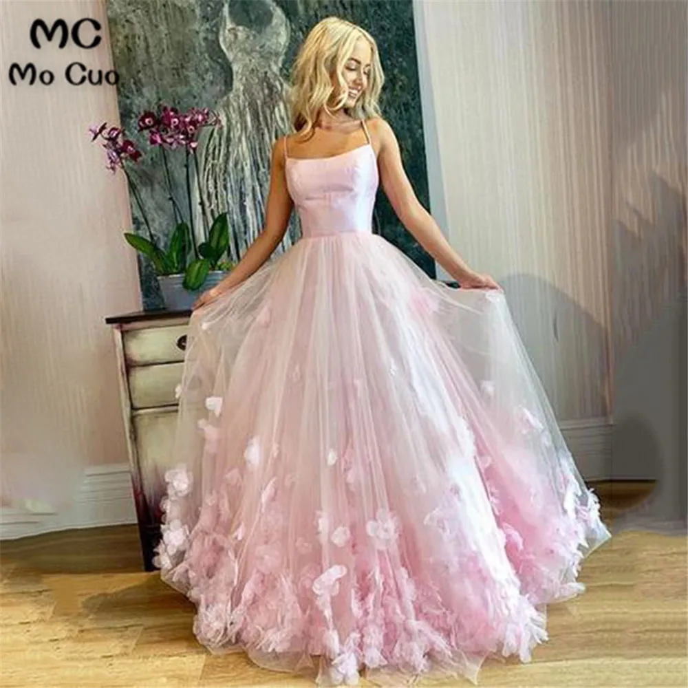 

Elegant Pink Sweet 16 Prom Dress Ball Gown Scoop Spaghetti Straps 3D Flowers Lace Tulle Evening Dress Women Formal Party Gowns
