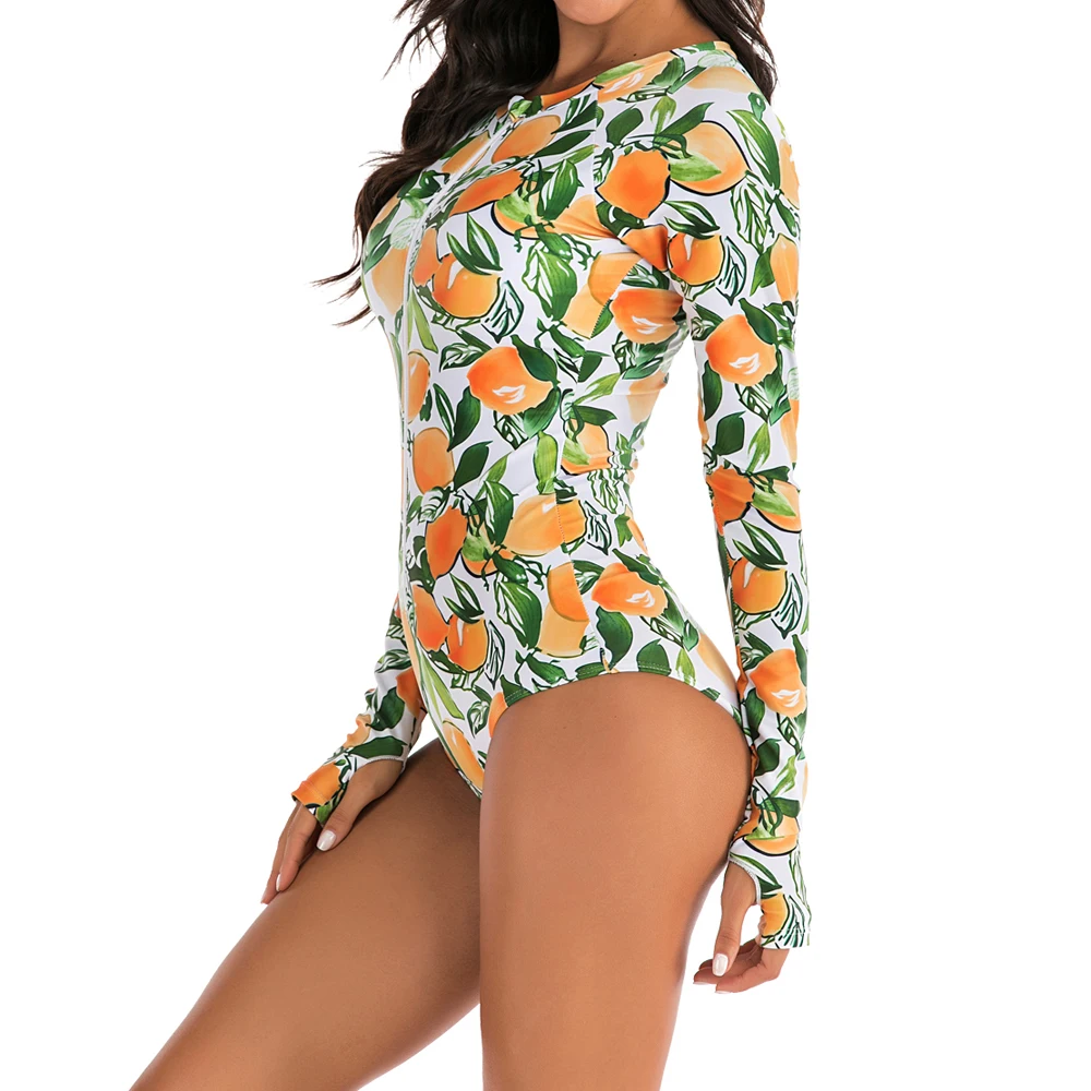 Женский слитный купальник с длинным рукавом и принтом на молнии|Комбинезоны| |