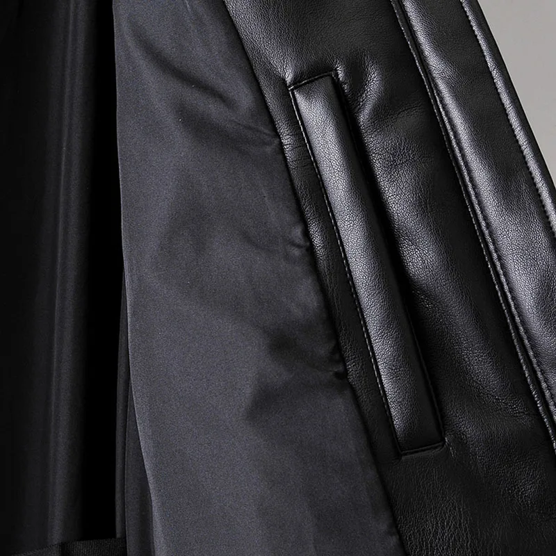 Lady Pu Leather Midi Long Hooded Tops Winter Casual Faux Leather Black Coat Women Long Sleeve Thick Warm Jacket