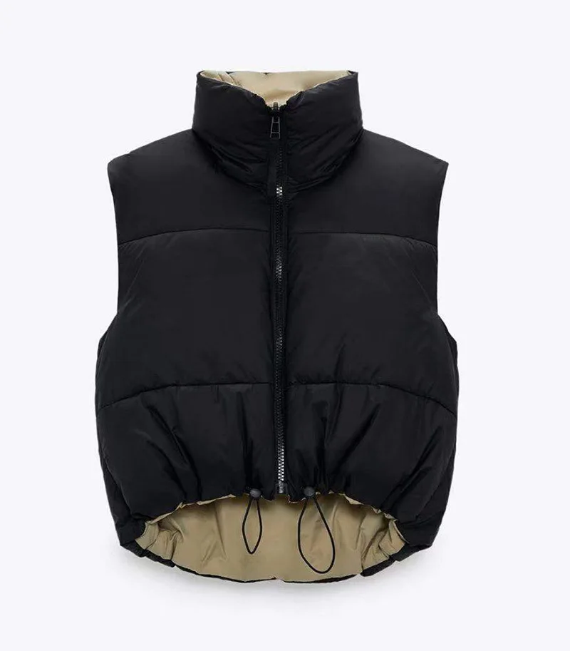 

2021 Spring Black Cropped Vest Coat Women Fashion Warm Sleeveless Parkas High Collar Waistcoat Female Casual Outerwear Chic Top