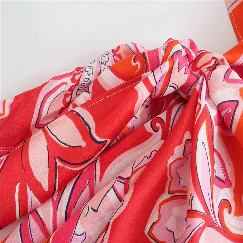 

ZA Vintage Summer shirt Dress Totem Floral Print Knotted Kimono Mini Dresses Short Sleeve V Neck Fashion Beach Short shirt Dress