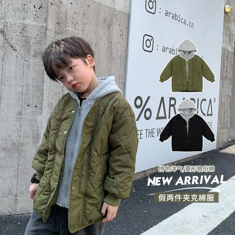 

Winter Boy's Children Coat Fashion Long Single Breasted Fake two piece Korean Style Warm Elegant Plaid Outerwear Clothes Jacket