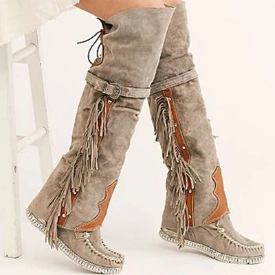 

Nice Vintage Bohemian Boots Women Boho Ethnic Tassel Fringe Faux Suede Leather Hight Boots Woman Girl Flat Heel Long Booties