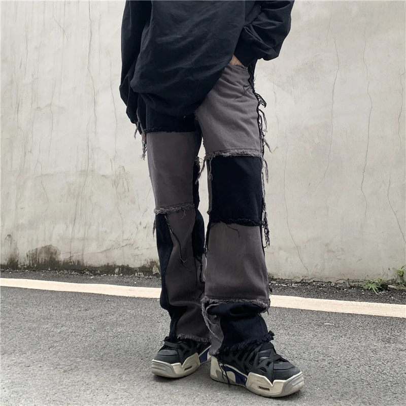 

UNCLEDONJM 2021 Colour Block patchwork jeans mens loose jeans streetwear women baggy jeans hip hop mens jeans T2-A210