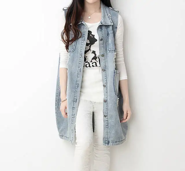 Женская длинная джинсовая куртка винтажная верхняя одежда с дырками осень 2019 |