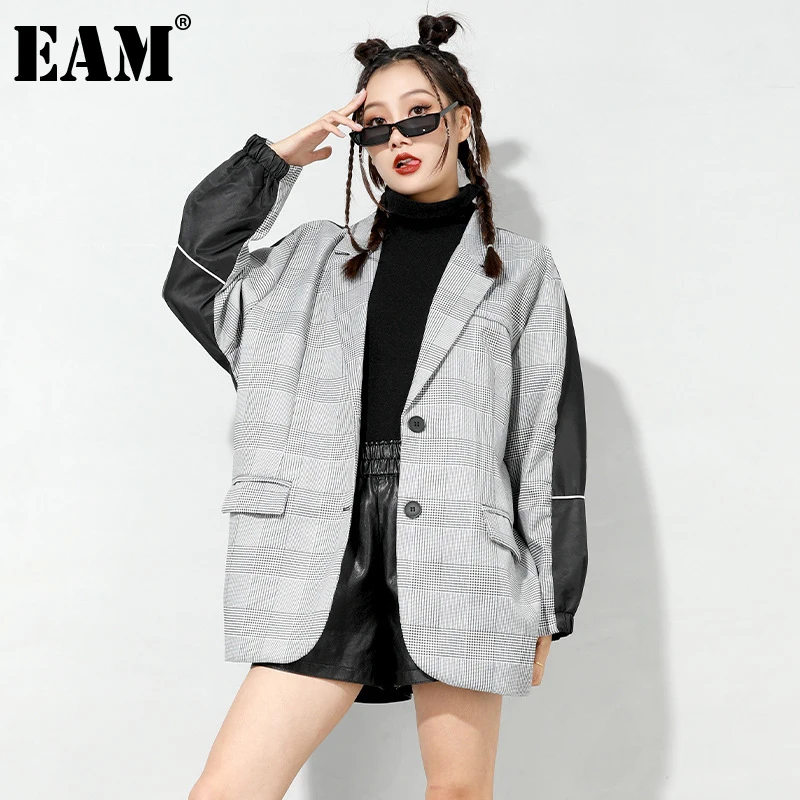 

[EAM] Женская серая клетчатая Повседневная куртка большого размера, новая свободная куртка с отворотом и длинным рукавом, модная демисезонна...