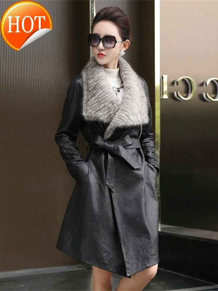 

genuine Sheepskin leather coat for women mid-length trench coat autumn and winter New slim mink fur coat