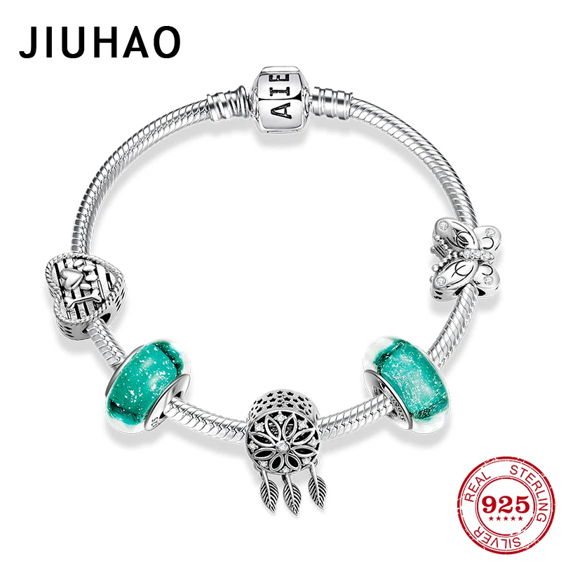 

Dream catcher 925 Sterling Silver Beads charm Bracelets Bangles Green Murano Glass Beads Jewelry Making Accessories DIY Gift