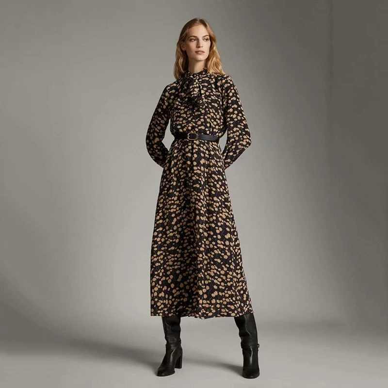 Женское платье с цветочным принтом ZA длинное плиссированное бантом на воротнике