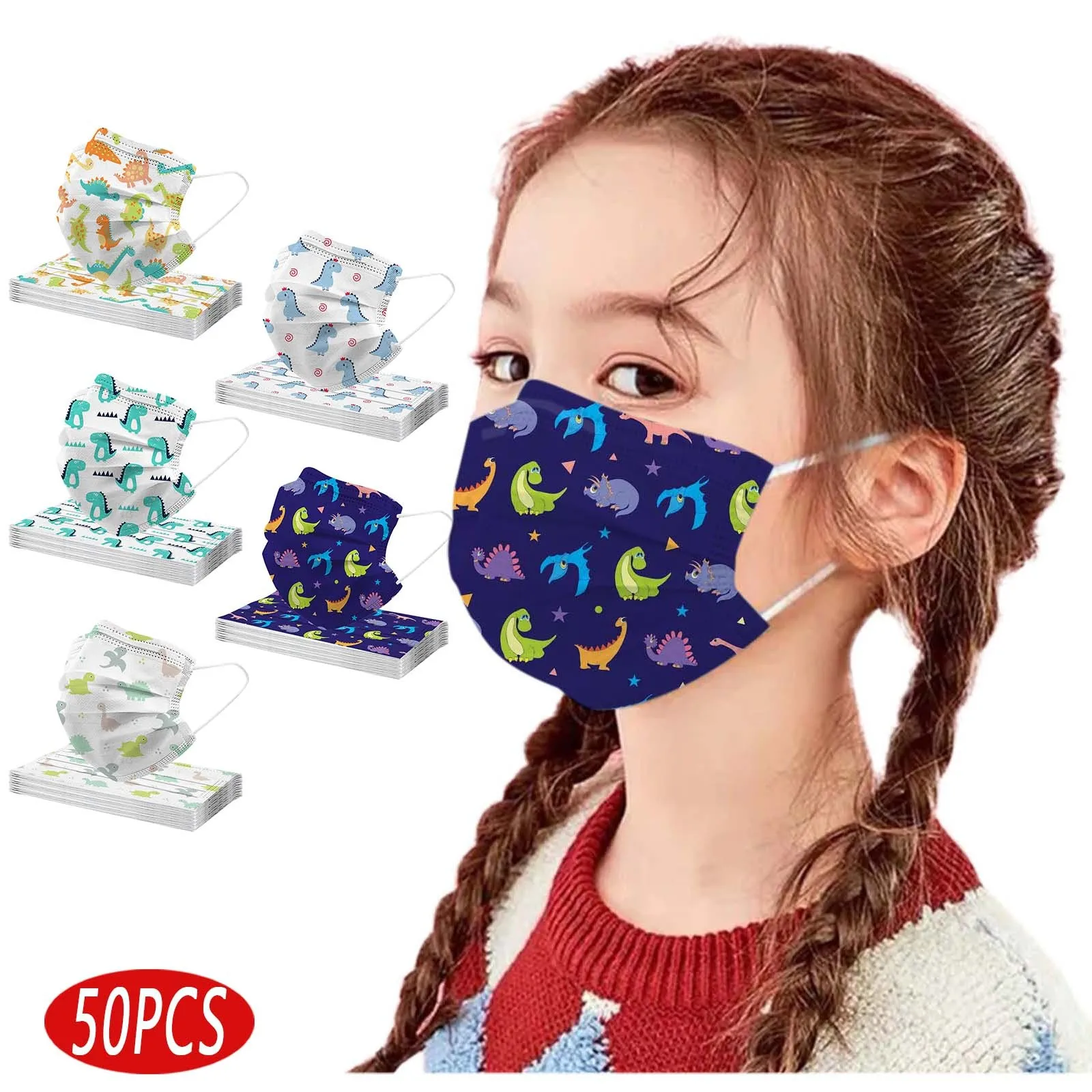 

50pcs Children Face Mask Kids Dinosaur Mouth Cover Prints 3-layer Non-woven Fabric Facial Mask Kids Protective Mask Fast Ship