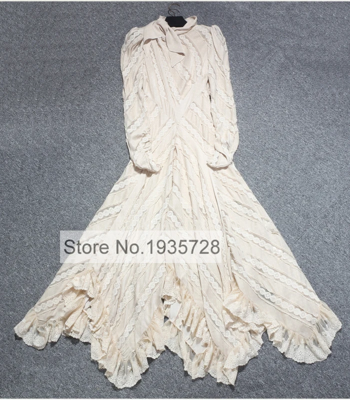 Длинное платье с вышивкой в горошек и кружевом перфорацией|Женские платья| |