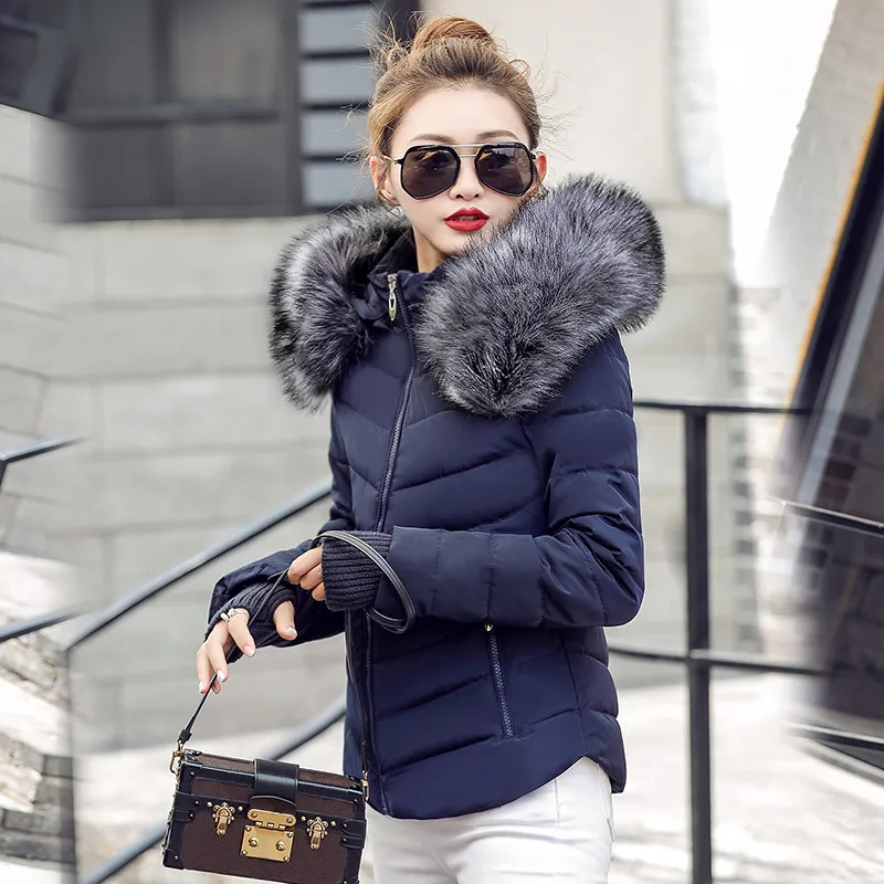 Тёмно-синий New Winter short Women Winter Jacket Womens Parkas Gloves warm detachable fur collar detachable hat Slim coat Snow loading - Цвет: Тёмно-синий