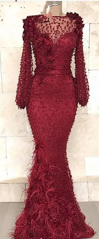 Вечернее платье с длинным рукавом и перьями кристаллами|Женские платья| |