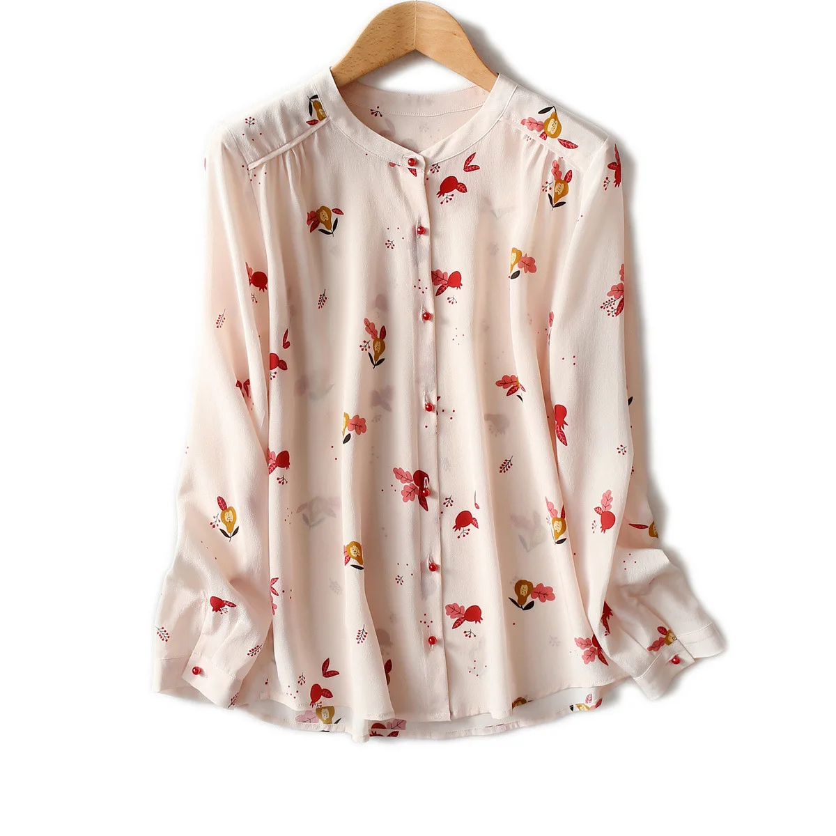 

100% Silk Cherry Pear Berries Printing Blouse Finest Round Neck Silk Shirt Top with Adorable Little Ball Buttons
