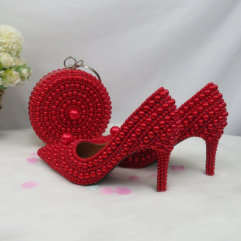 

BaoYaFang White Beads Pearl women wedding shoes High heels shoes ladies super big size Pointed Toe dress party shoes woman