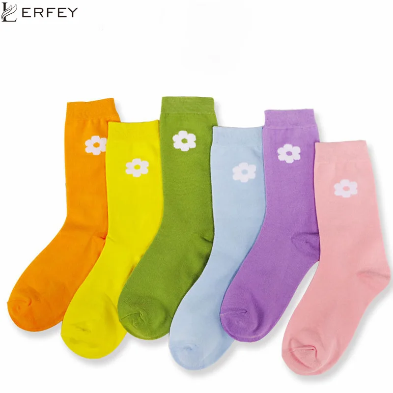 LERFEY Streetwear Women Cotton Socks Flower Print Ladies Art Crew Happy Harajuku Breathable Sock Female Gifts | Женская одежда