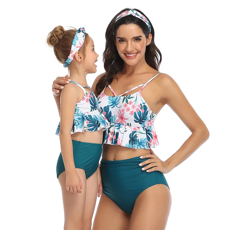 Женский купальник с оборками и принтом в виде листьев высокой талией Детский