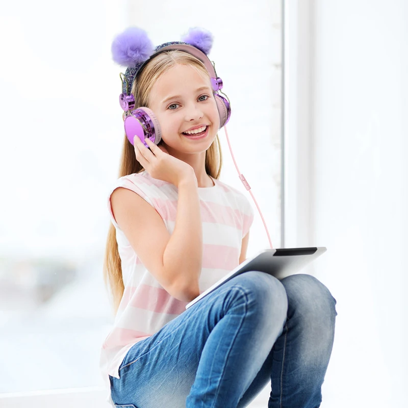 Милый меховой шарик детские наушники с кошачьими ушками для Девочек Музыкальная