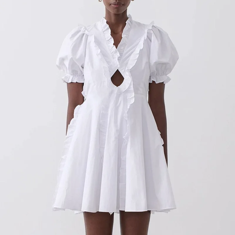 

Summer Hollow V-Neck Short-Sleeved High-Waist White Dress Fashion Sweet Puff Sleeve High-Waisted Slim A-Line Dress New