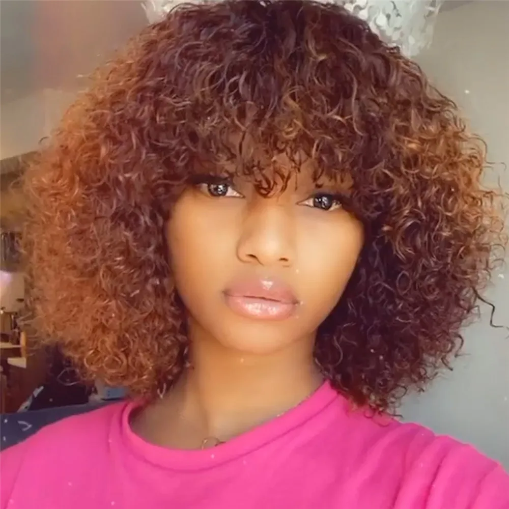 Honey Blonde Jerry Curly Human Hair Wigs with Bangs Short Bob Curly Full Machine Made Wigs for Women Brazilian Remy Fringe Wig enlarge