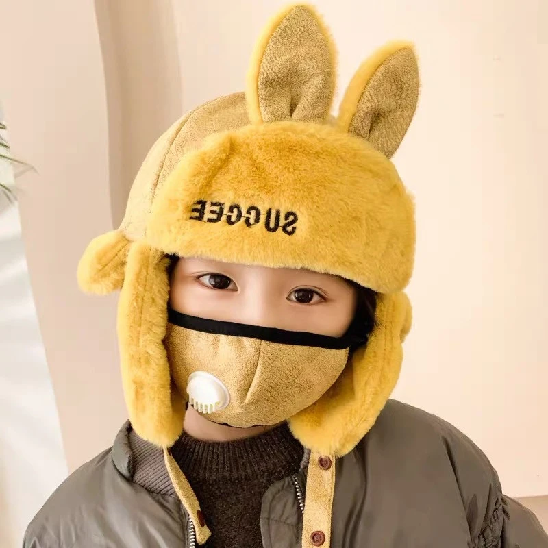 

Kids Winter Hat Mask Child Long Ear Bomber Hats 2020 Boys Girls Winter Warm Ear Protection Outside Windbreak Cap 1-5T Blue Pink