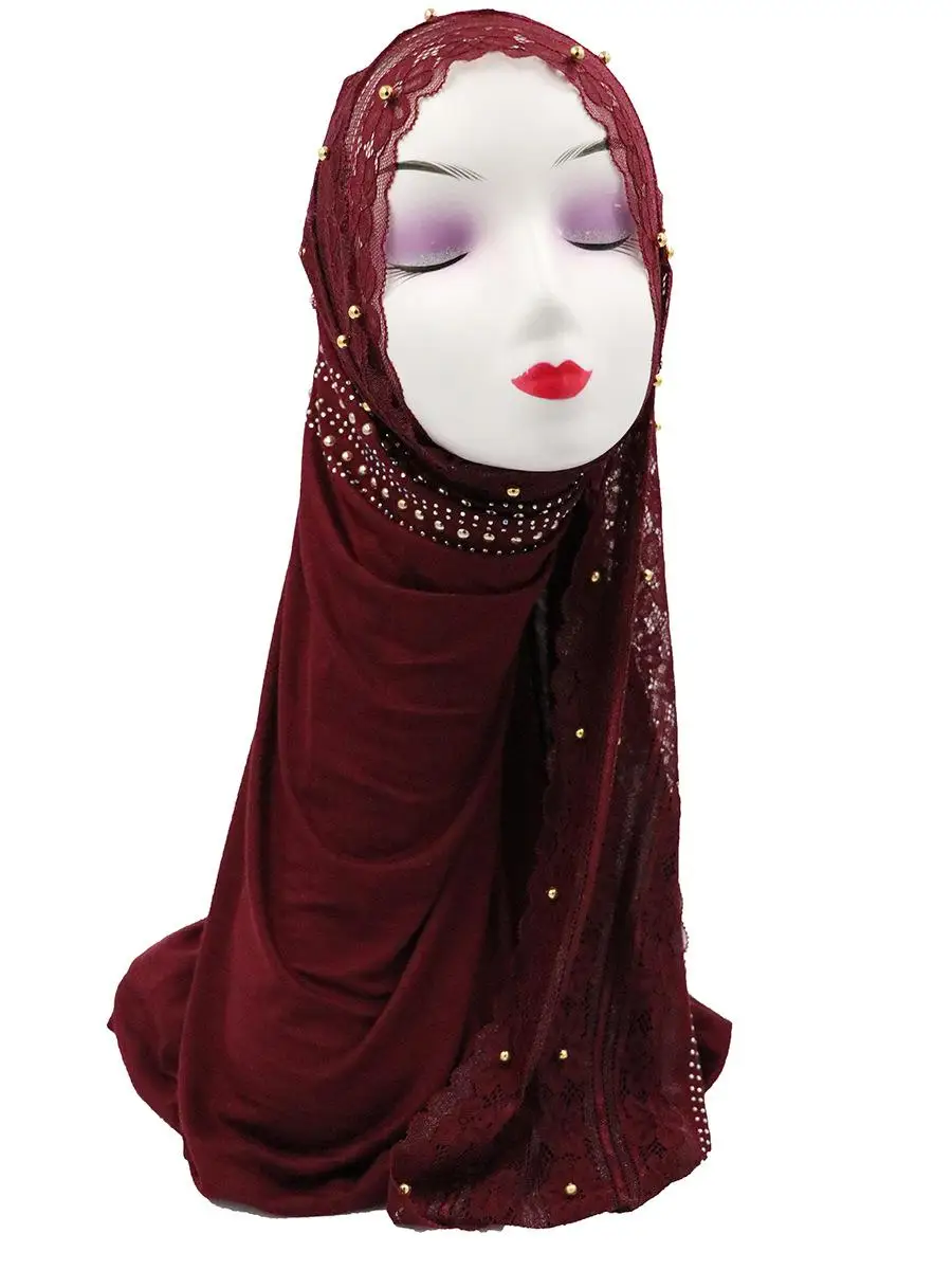 Новая мода женский длинный шарф для мусульманки бисерные кружевные шали