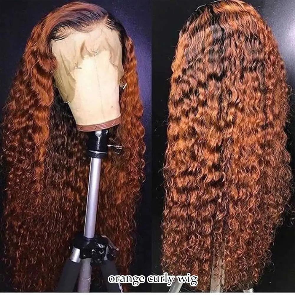 1b orange wig 13X6 глубокий часть Синтетические волосы на кружеве парик с ребенком волосы с эффектом деграде(переход от вьющиеся короткие парики из человеческих волос бразильские волосы Remy, блонд, 150% Плотность - Цвет: 1b orange wig