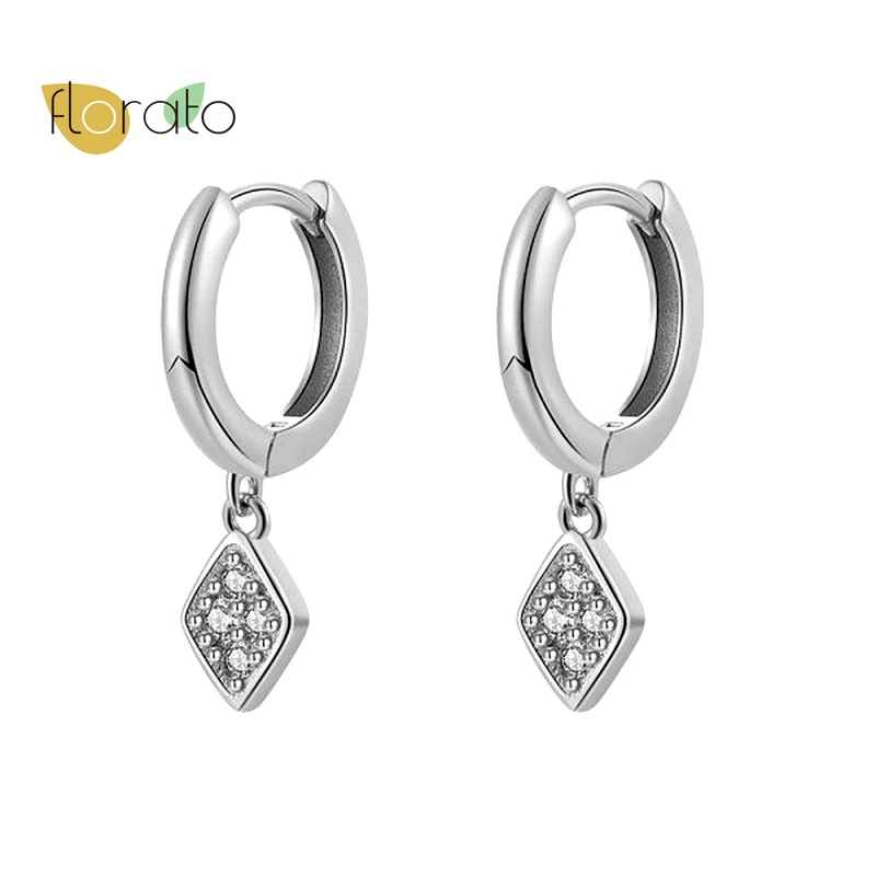

925 Sterling Silver Earrings Dainty Pave CZ Rhombus Charm Huggie Hoop Earrings For Woman Fashion Gift Pendientes Fine Jewelry