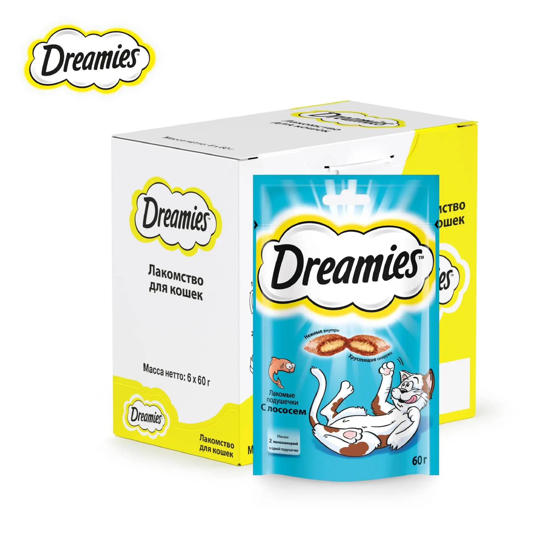 Лакомство для кошек Dreamies подушечки с лососем 6 шт по 60г|Кошачьи лакомства и