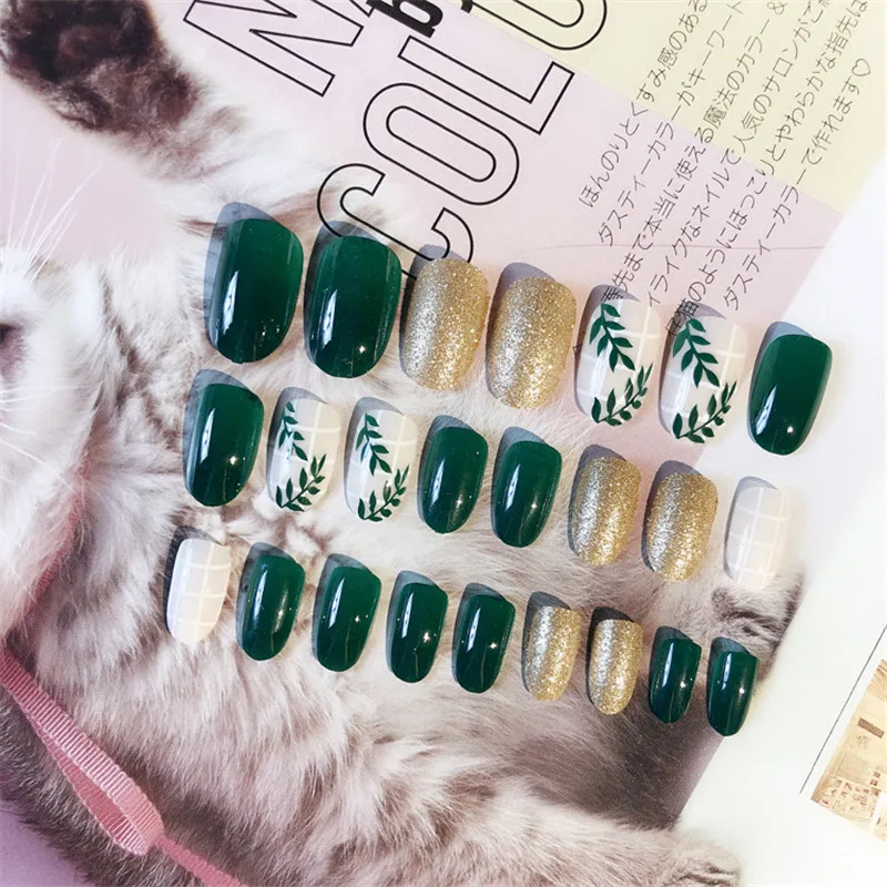 24 шт./компл. модный дизайн маникюрный зеленый лист Набор накладных ногтей советы