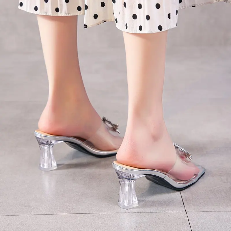 

New Women Pumps Elegant Pointed Toe Rhinestones High Heels Wedding Shoes Crystal Clear Heeled Slingback Pumps Sandals Sexy Heels