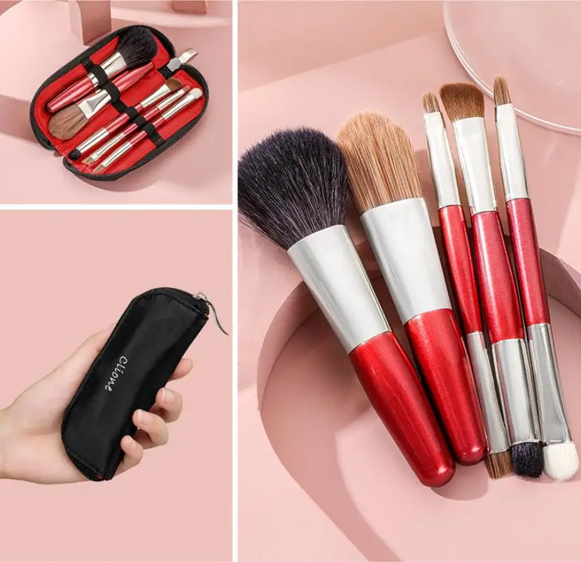 

5Pcs Makeup Double-Ended Brushes Set Portable Foundation Eyeshadow Eyebrows Lips Brush with Red Wooden Handle Beauty Tools