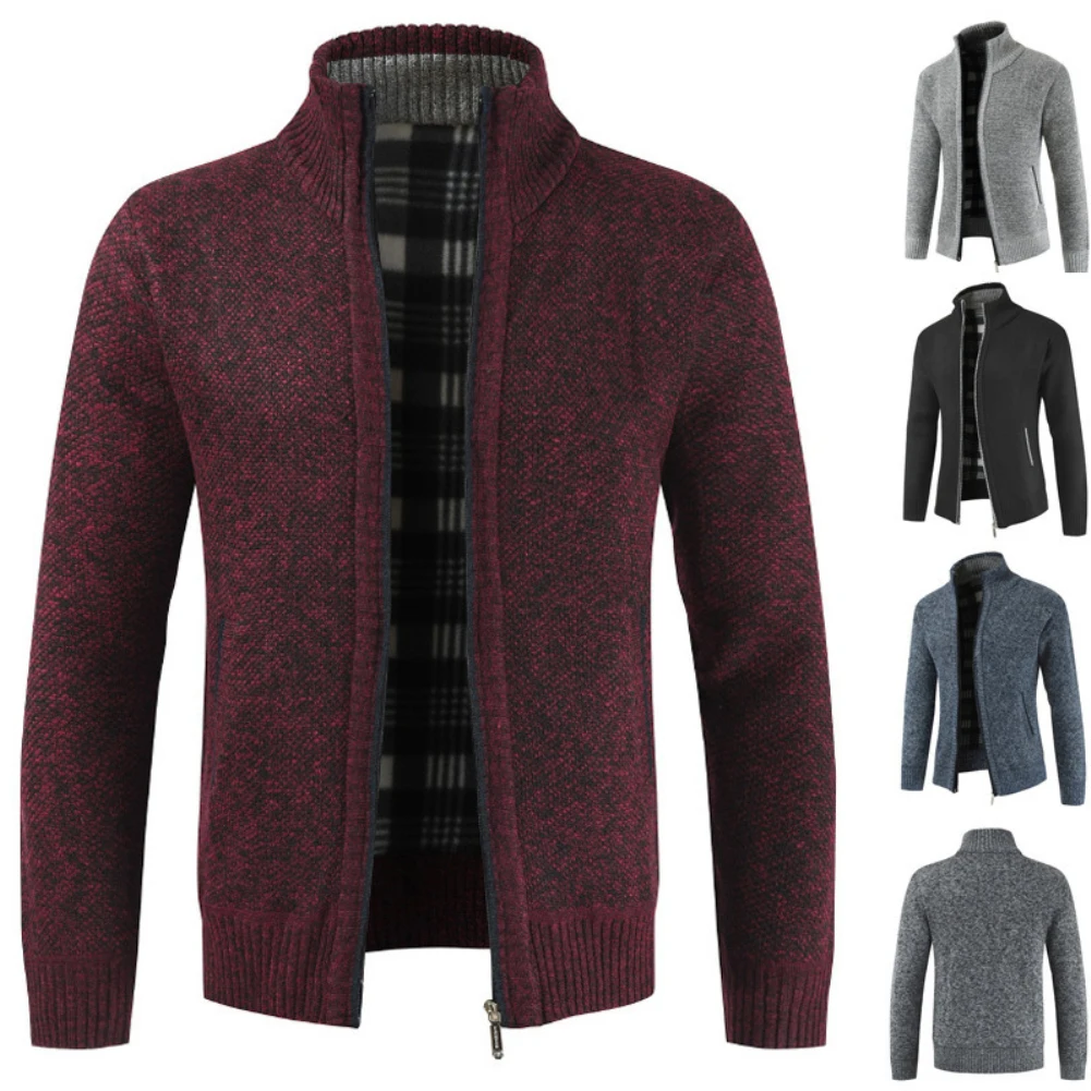 

Fashion Cardigan Coats Autumn Winter Men Knitted Sweater Pockets Plush Liner Warm Slim Cardigan Coat Full Zip Thick Sweaters