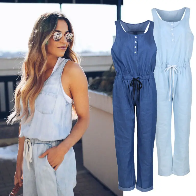 

Denim Wash Overall For Summer Lady Women Jumpsuit Casual Oversized Boyfriend Baggy Sleeveless Loose Romper Pants