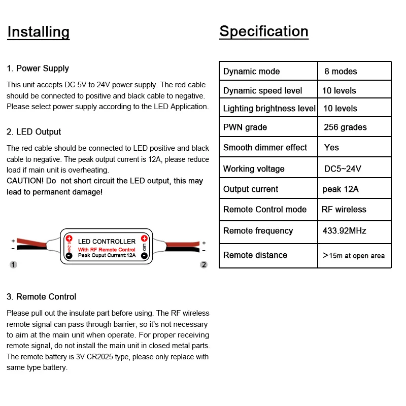 12A 5V-24V светодиодный RF Беспроводной мини затемнитель с дистанционным управлением