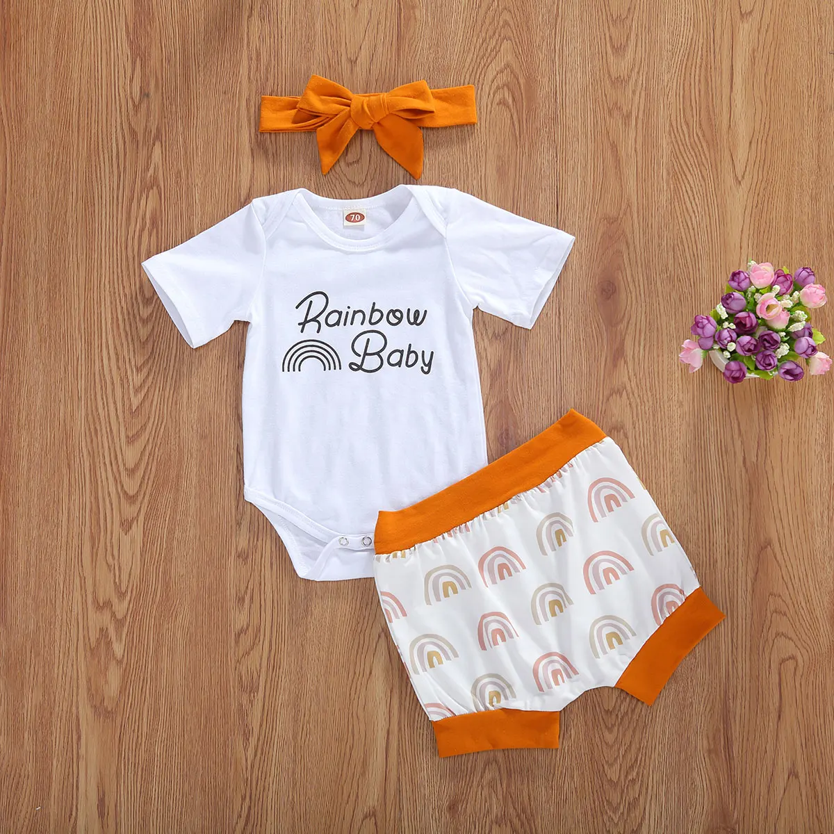 

Baby Girls Boys Short Sleeve Letter Romper Rainbow Print Shorts + Bow Hairband Clothes Set