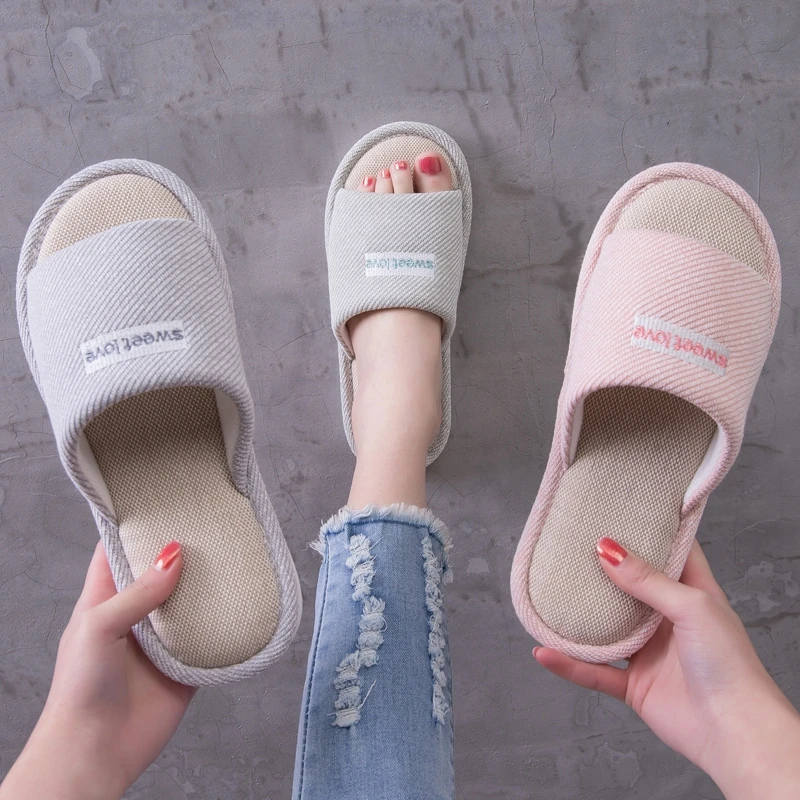 Four Seasons House Women Hemp Slippers Comfortable Cotton Flax Flat Ladies Casual Shoes Non-slip Bedroom Slides Women Slippers