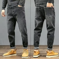 spring men denim trend loose large straight fall fat casual long pants ankle length pants harem pants ripped jeans xxxxxl jeans