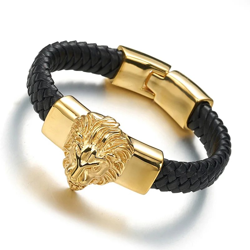 

22cm *15mm Cool Lion head Bracelet Men Genuine Black Leather Bracelets Gold/Silver Color 316L Stainless Steel Bangle Jewelry