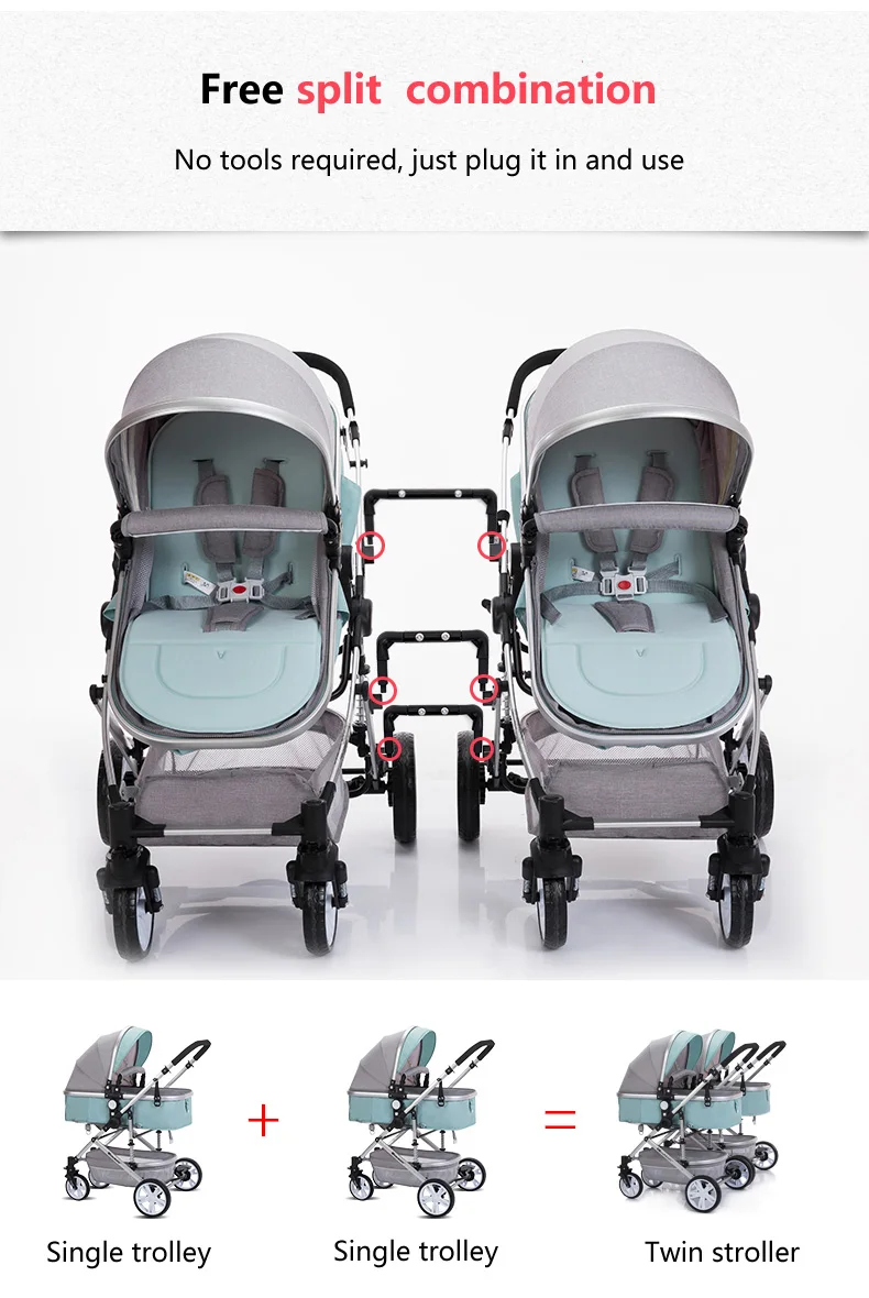 Babyfond легкая двойная коляска с высоким пейзажем, коляска может лежать, ударопрочная, складная, съемная коляска