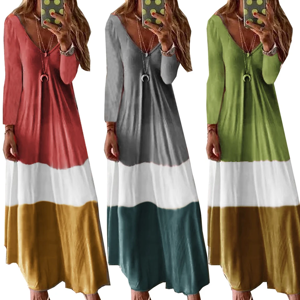 Многоходовой Платье Цветной Блок Широкий Полосатый Харадзюку Xxl Глубокий V