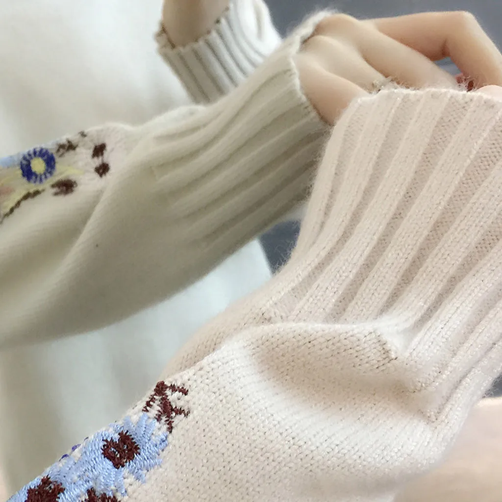 New Loose Thick Warm Winter Pullover Sweater Women Embroidery Jumper Half Turtleneck Long Sleeve Knit Yellow Sweater Female