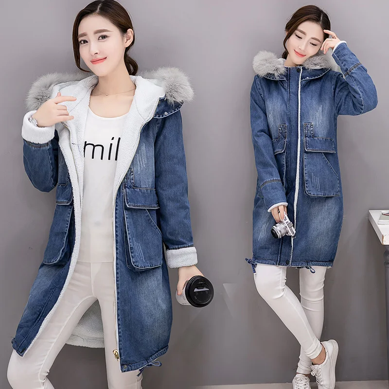 

Warm Winter Long Bomber Women Autumn Winter Hooded Coat Jeans Denim Jackets Basic Ladies