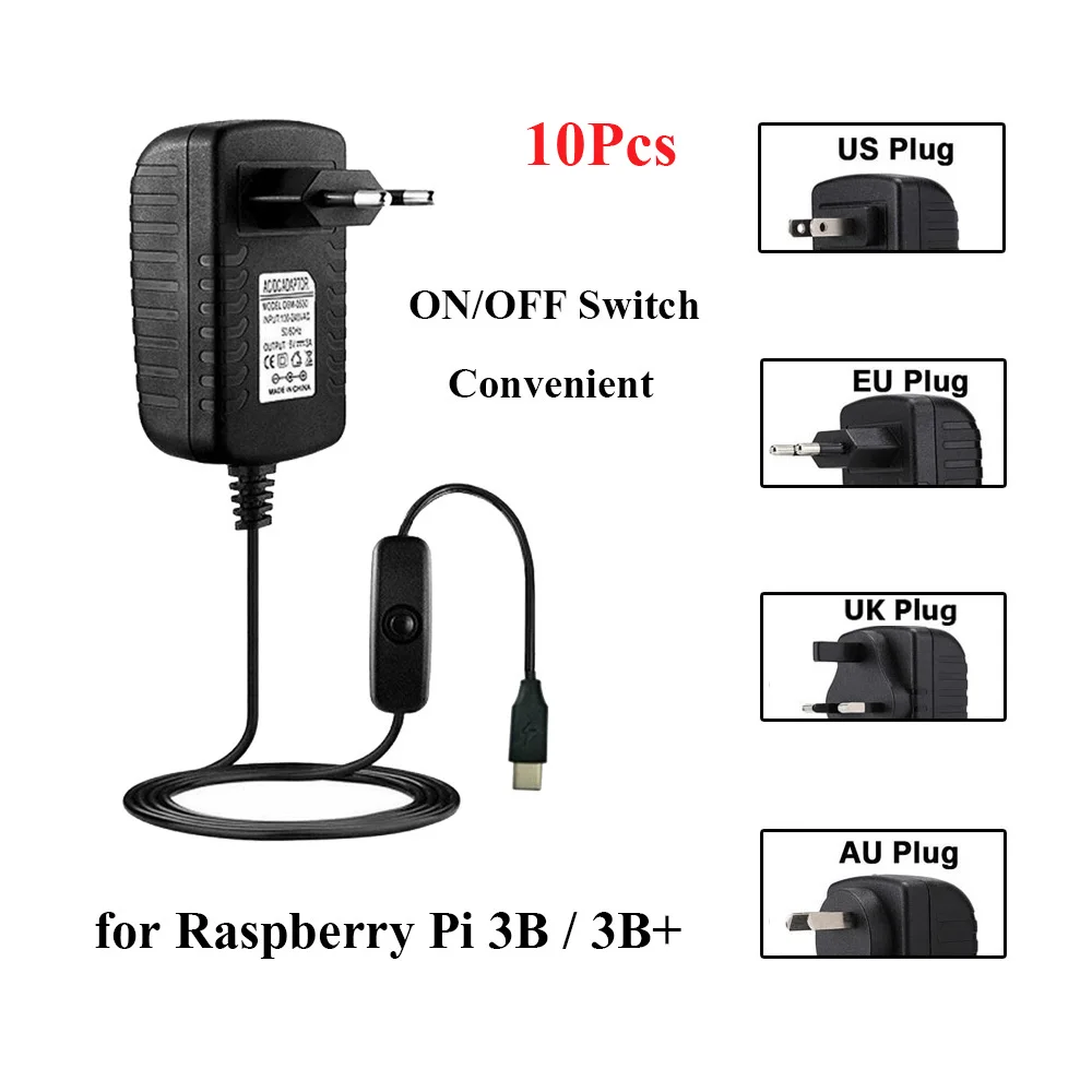 

10 шт., блок питания Raspberry Pi 3 с кнопкой включения/выключения, 5 В, 3 А