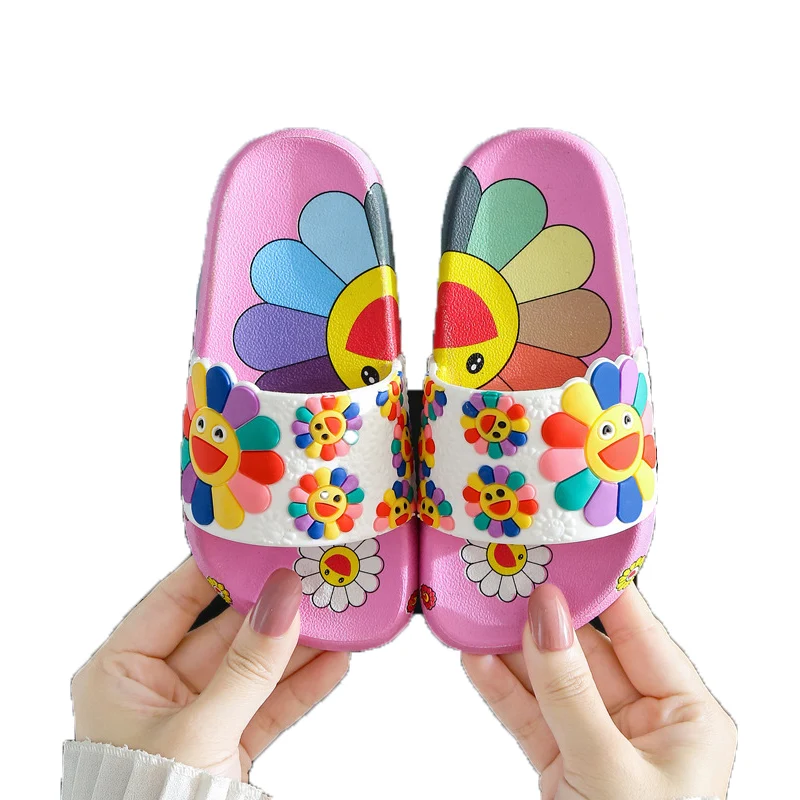

Girls Slippers Soft Bottom Anti-Slippery Sandals Print Sun Flower Fashion Cute Flip Flops Summer Children Shoes Size for 21--41