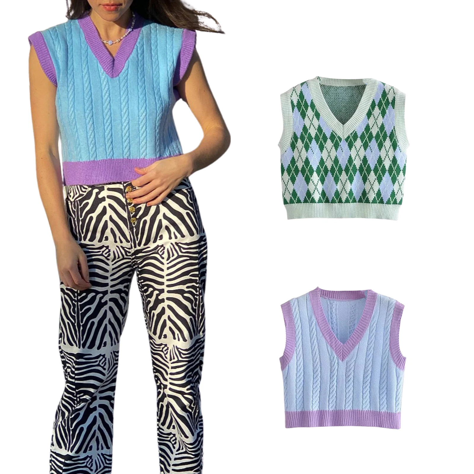 

hirigin New Fashion Women’s Y2k V Neck Knit Sweater Vest Sleeveless Argyle Print/Color Block Knitted Crop Tank Short Tops