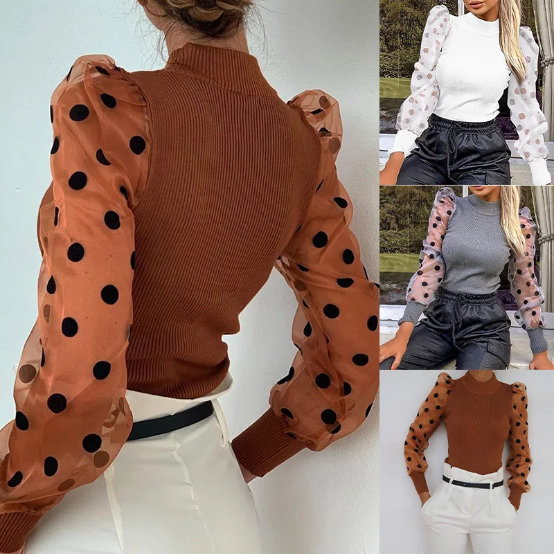 Повседневный ребристый вязаный свитер для женщин в горошек сетчатый с пышными